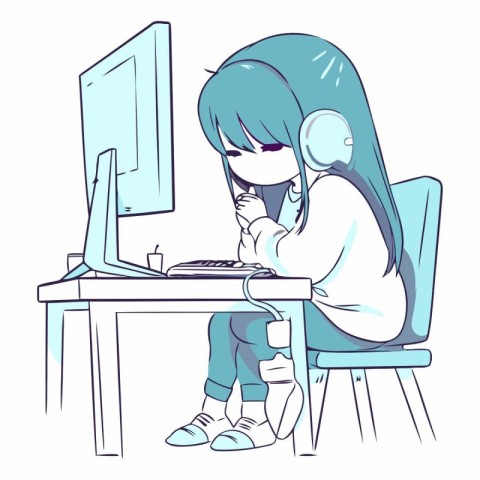 Illustration of a Teenage Girl Using a PC While Sitting at Her D