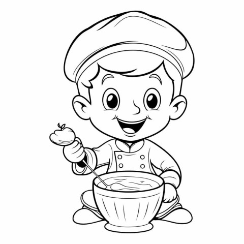 Illustration of a Cute Little Boy Serving a Bowl of Soup