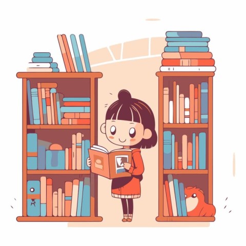 Cute little girl reading a book in the library