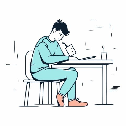 Vector illustration of a young man sitting at the table and read