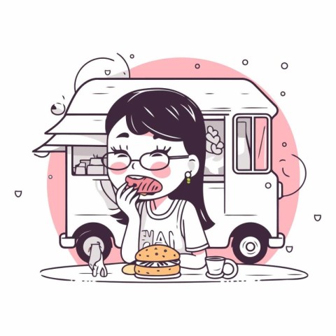 Illustration of a girl eating a hamburger in front of a trailer