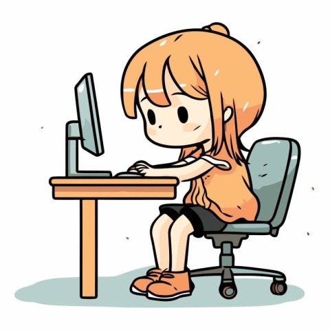 Illustration of a Cute Little Girl Sitting at the Computer.