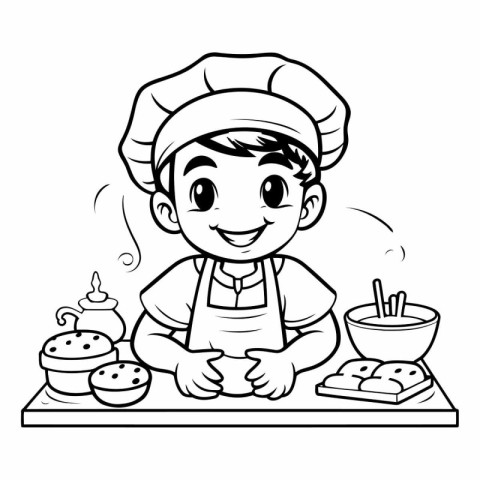 Black and White Cartoon Illustration of Little Boy Chef Characte