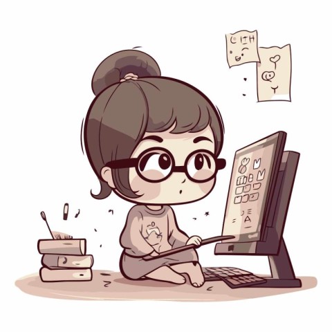 Illustration of a Cute Little Girl Studying at the Computer