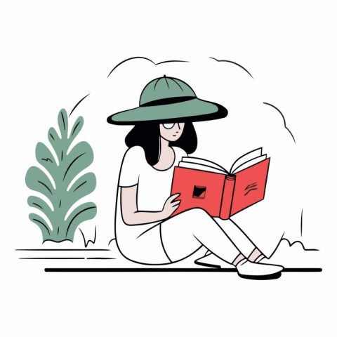 Young woman reading a book in the park. Flat vector illustration