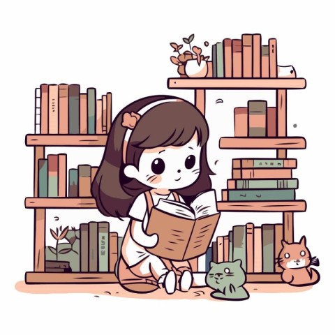 Girl reading a book in the library. Cute cartoon vector illustra