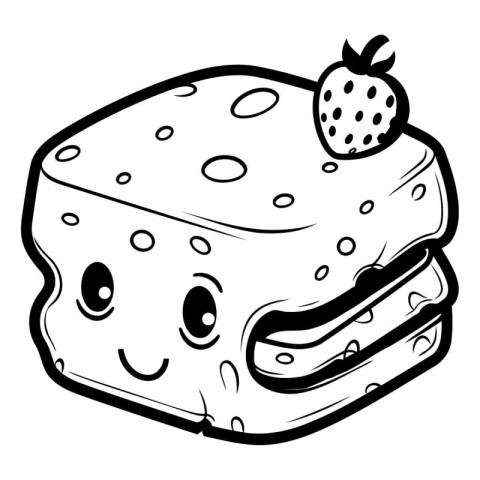 Cake with strawberry - Black and White Cartoon Illustration. Vec