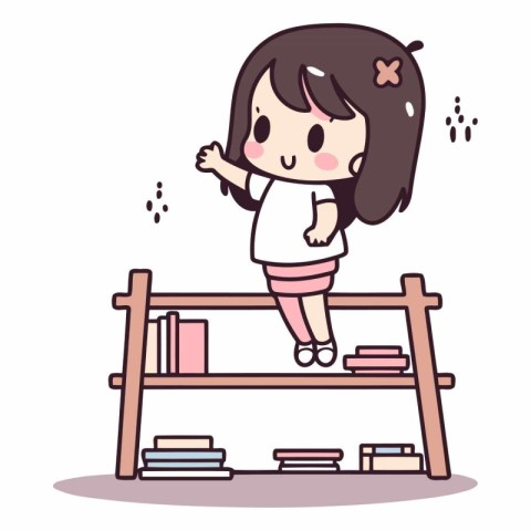 Girl sitting on the bookshelf in cartoon style.