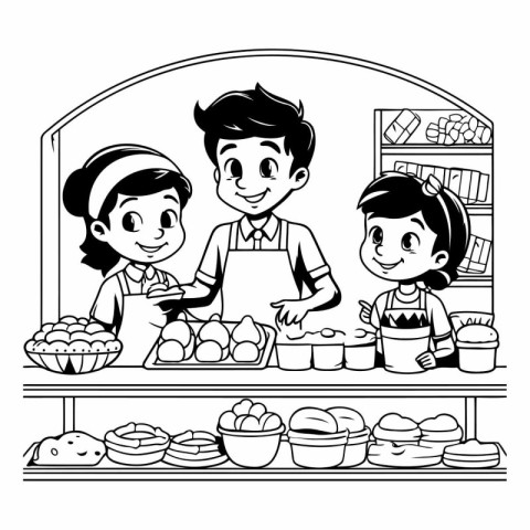 cute little kids in the bakery shop cartoon vector illustration