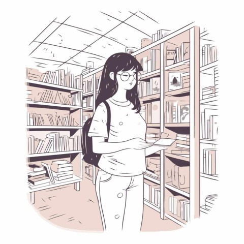 Vector illustration of a young woman standing in the library and