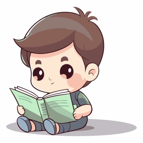 Cute little boy reading a book in cartoon style.