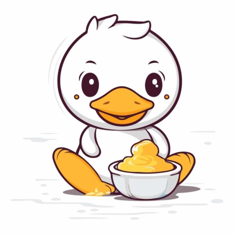 Duck with a bowl of mashed potatoes. Cartoon vector illustration