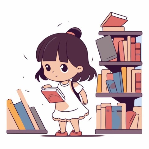 Cute little girl standing on bookshelf and reading a book