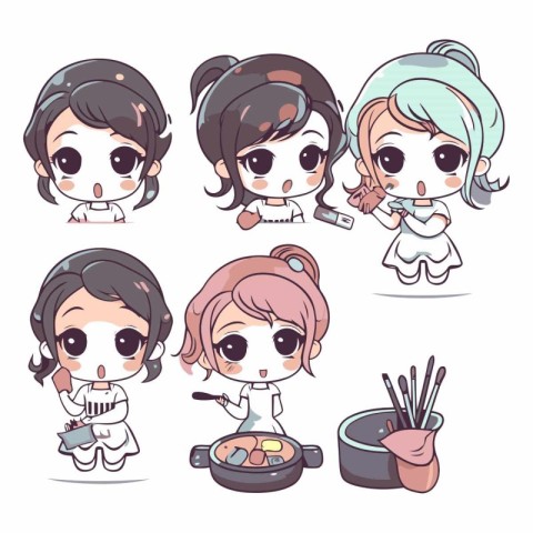 Illustration of a cute kawaii girl with different facial express