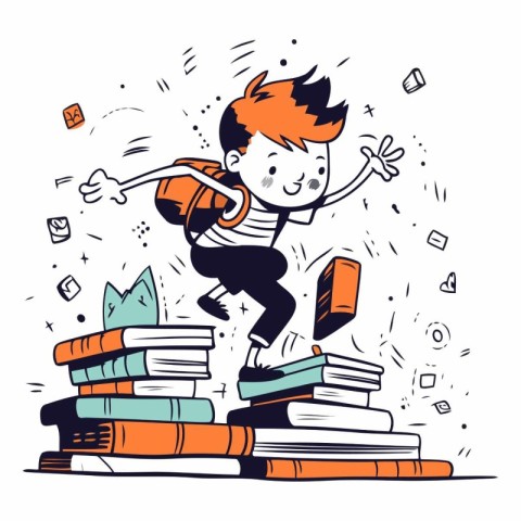 Happy schoolboy jumping on pile of books. Vector hand drawn illu