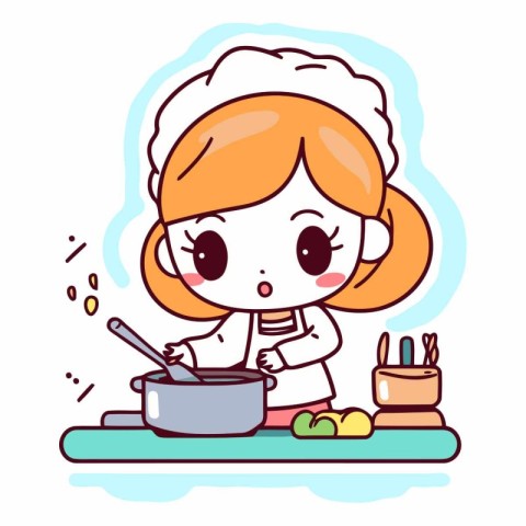 Illustration of a cute little girl cooking in the kitchen. vecto