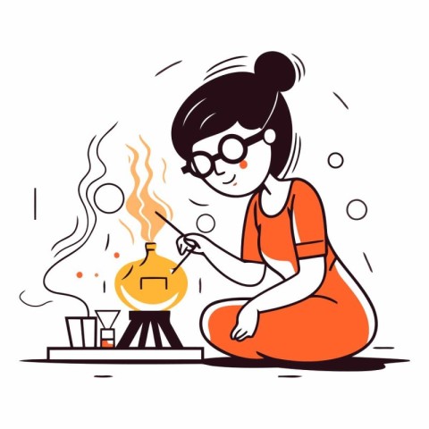 Vector illustration of a woman doing aromatherapy with oil lamp.