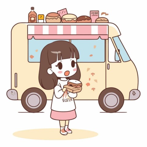 Illustration of a Girl Holding a Donut and a Fast Food Truck