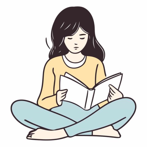 Illustration of a girl reading a book on a white background.