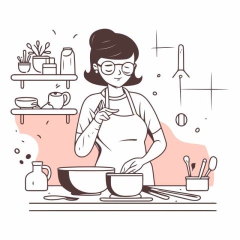 Pregnant woman cooking in line art style.