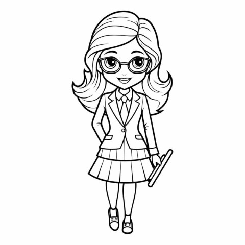 Black and White Cartoon Illustration of Cute Little School Girl