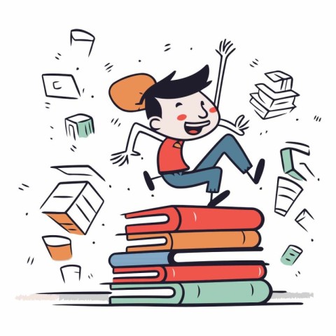 Happy boy jumping on pile of books in cartoon style.