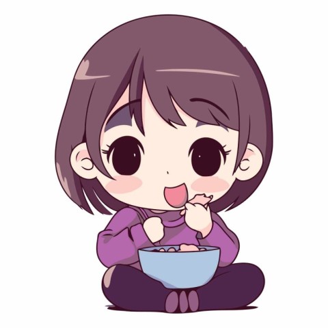 Illustration of a Cute Little Girl Eating a Bowl of Food