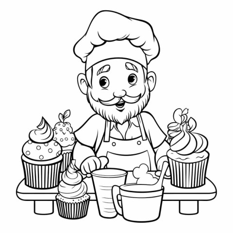 Black and White Cartoon Illustration of Chef with Cupcakes for C