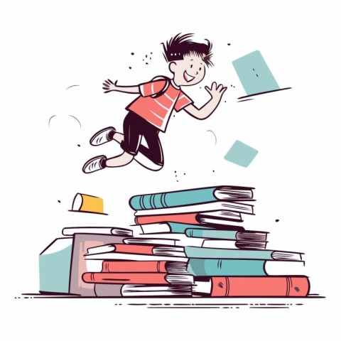 Boy jumping from a pile of books in cartoon style.