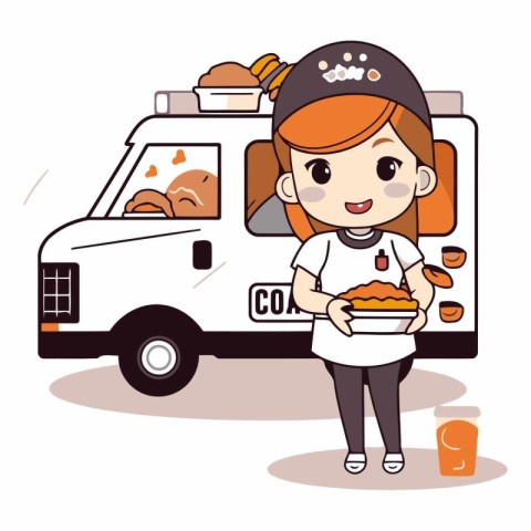 Cute little girl with food truck in cartoon style.