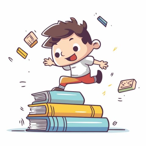 Boy jumping on pile of books. Cute cartoon character.