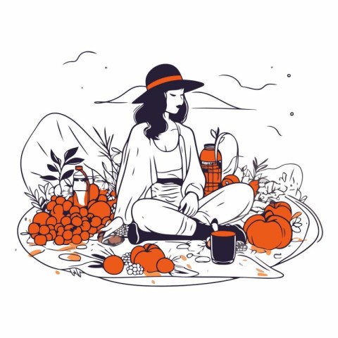 Vector illustration of a girl in a hat sitting at the table with