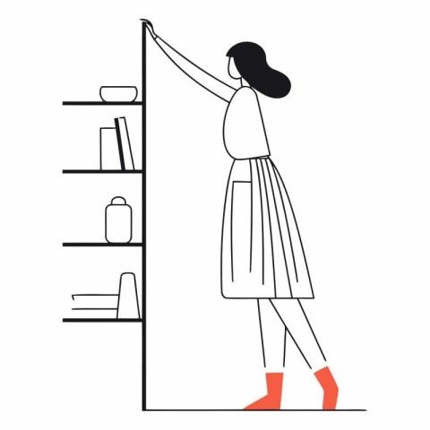 Woman standing in front of bookshelf in flat style