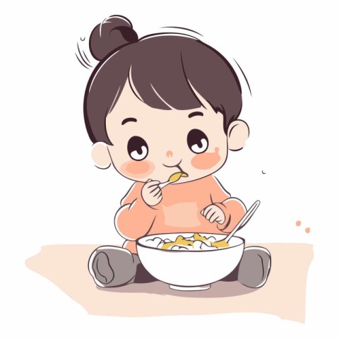 Cute little girl eating a bowl of cereals.