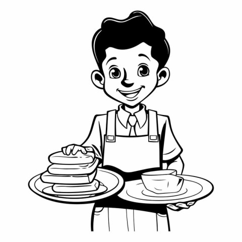 Coffee shop waiter with stack of pancakes cartoon vector illustr