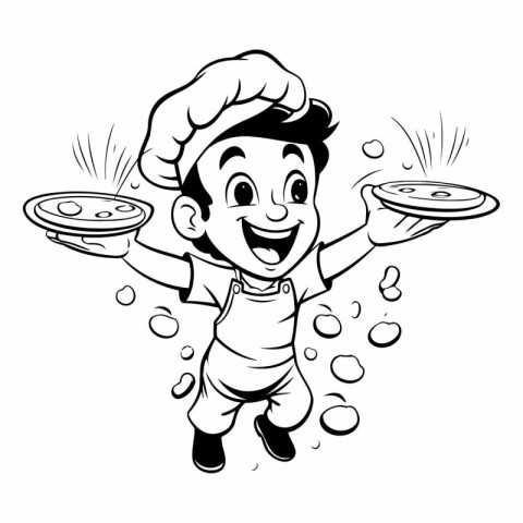 Cartoon Illustration of Cute Little Boy Chef Holding Stack of Pi