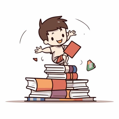 Boy sitting on a pile of books. Education concept.