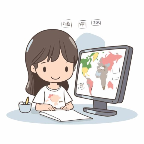 Girl studying at home with computer and world map.