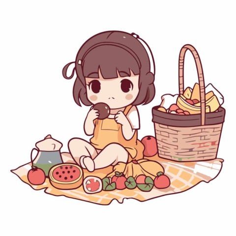 Cute little girl sitting on the picnic blanket and eating fruit.