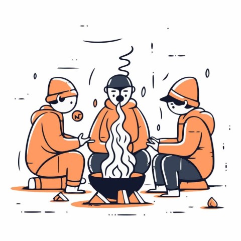 Vector illustration of a group of people cooking on a campfire.