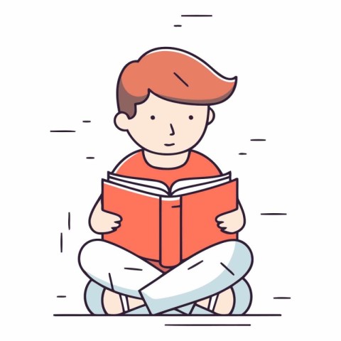 Cute boy reading a book in flat style.