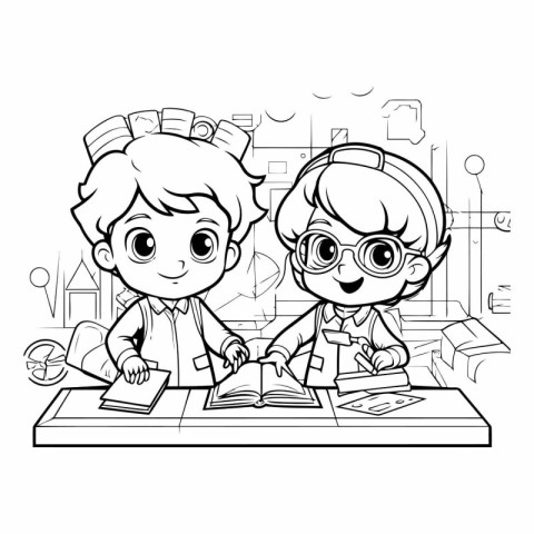 Coloring Page Outline Of a Boy and Girl Reading a Book