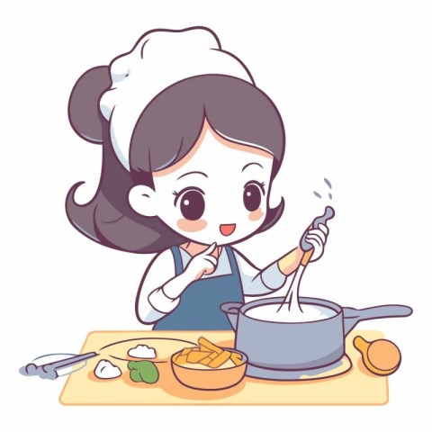 Illustration of a Little Girl Cooking in the Kitchen. Cartoon Ch