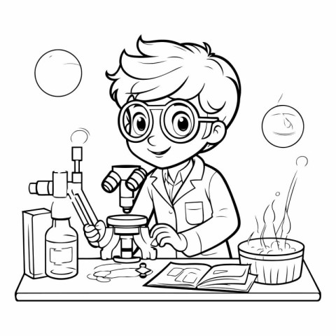 Black and White Cartoon Illustration of a Kid Boy Doing Science