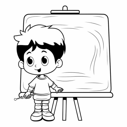 cute little boy drawing a picture on easel cartoon vector illust