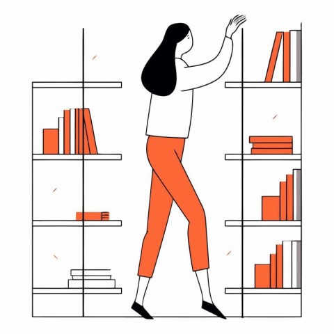 Vector illustration of a woman standing at the bookshelf in the