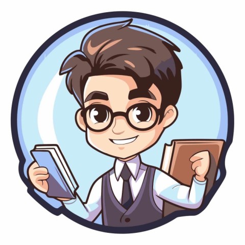 Cute schoolboy holding books in cartoon style.