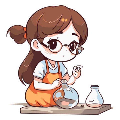 Girl scientist in glasses and apron holding flask with chemical