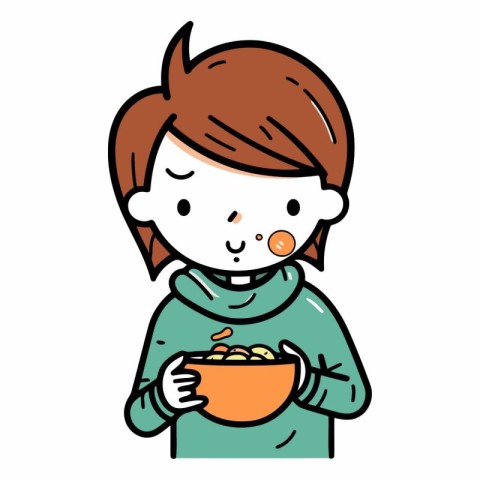 Illustration of a Girl Eating a Bowl of Cereals - Vector