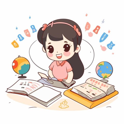 Illustration of a Cute Little Girl Studying in the School